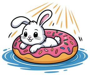 Cute cartoon white bunny rabbit in swimming ring in water enjoying sun on transparent background