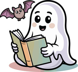 Cute ghost reading book with smiling bat flying above on transparent background