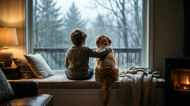Boy hugging golden retriever dog by rainy window. Child and pet sharing cozy moment indoors on winter day. Companionship and comfort in stormy weather concept