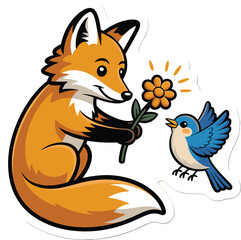 Fox offering flower to small bird, friendship, nature scene
