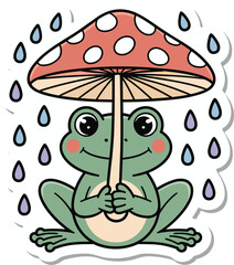 Funny frog holding mushroom umbrella during rain, cartoon sticker, cute