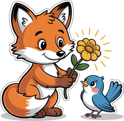 Fox offering flower to small bird, friendship, nature scene