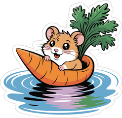 Hamster riding carrot boat on blue water vector sticker illustration on white border