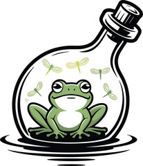 Green frog sitting inside glass bottle with glowing fireflies floating around water