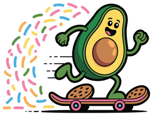 Happy avocado character riding skateboard with colorful confetti trail