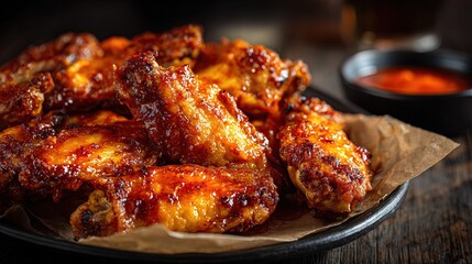 Fototapeta premium Appetizing Close-Up of Glazed Chicken Wings Served with Dipping Sauce Food