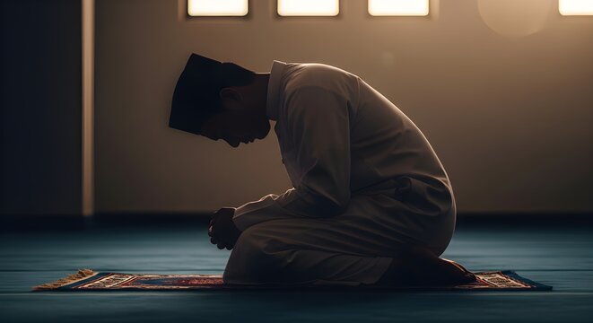 Muslim Man Bowing Head in Prayer on Rug