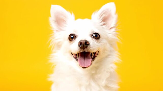 Happy white dog portrait on yellow backdrop