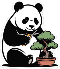 Panda bear meticulously pruning bonsai tree with scissors isolated on transparent background