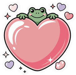 Sticker of cute green frog holding large pink heart with small floating star shapes