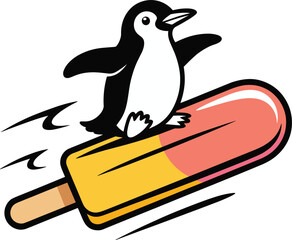 Penguin riding on giant popsicle with speed lines on transparent background