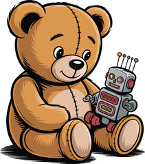 Stuffed teddy bear holding vintage toy robot sitting on dark ground cartoon artwork