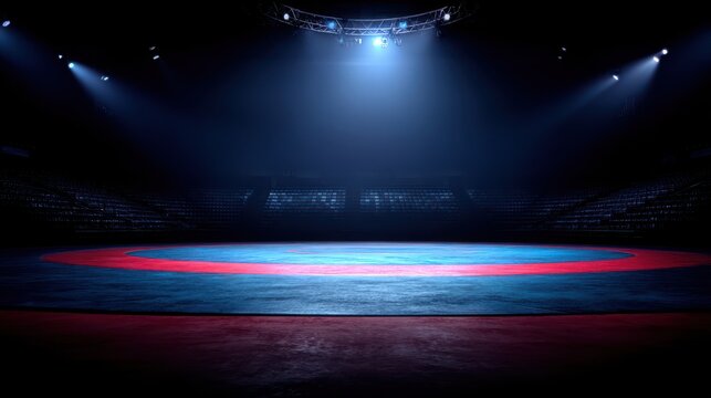 Empty professional wrestling ring in a dark arena with overhead spotlights