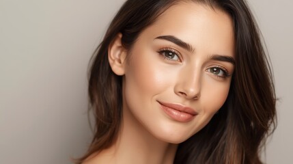Fototapeta premium Portrait of a healthy, smiling brunette with radiant skin, embodying beauty and youth in a spa setting.png