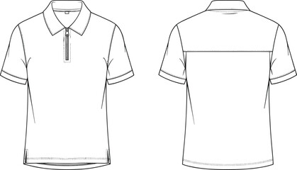 Technical fashion flat sketch of zip polo shirt, front and back view, short sleeve collared tee with zipper placket, clean apparel vector illustration © LITON WORLD