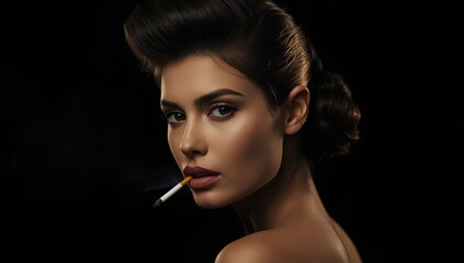 Obraz premium Image of a stunning young woman with exquisite hair smoking a slim cigarette against a dark backdrop.png
