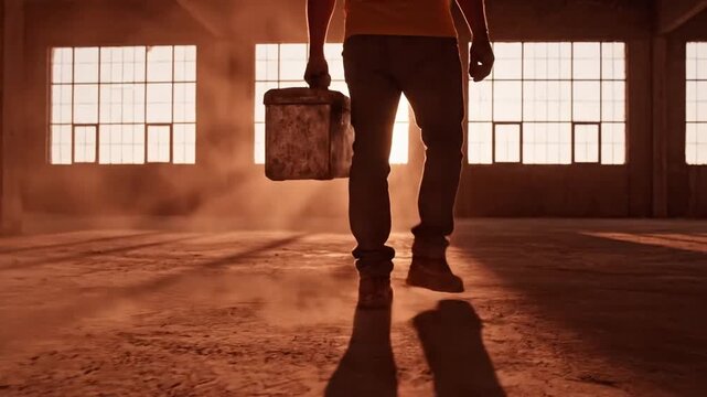 Determined Worker with Toolbox Strides Through Dusty Industrial Warehouse at Golden Hour, Kicking Up Dust.
