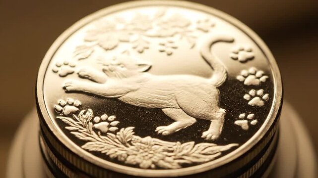 Cat themed coin with intricate engravings