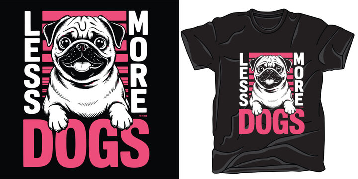 Funny pug dog design on black t-shirt with pink accents