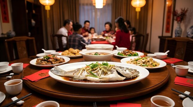 Family gathers around a round table for a meal with various dishes including fish in a traditional setting during evening time Generative AI