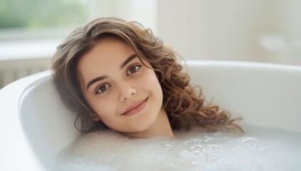 Obraz premium Image of a cheerful young woman reclining in a tub.png