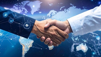 A handshake against a global map, symbolizing cooperation, connection, and agreement