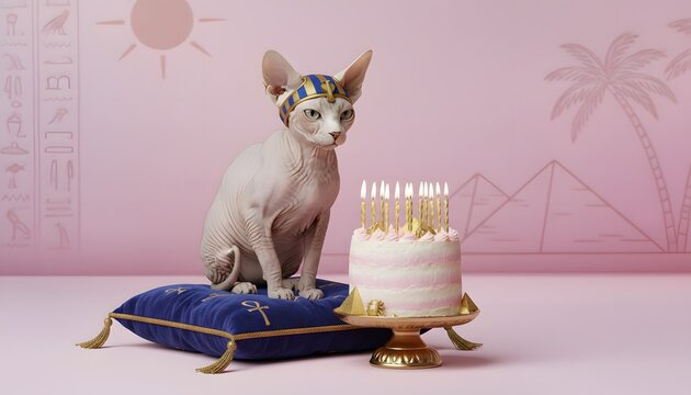 sphynx egypt cat birthday concept cute celebration pet party with cake balloons festive mood adorable feline moment