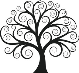 Swirling tree illustration, black silhouette on a clean white background