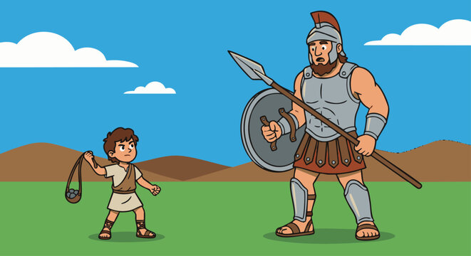 David and Goliath
Cartoon style flat vector illustration of David and Goliath, showing young David holding a sling facing the tall giant Goliath in armor, clear size contrast between the two figures, 