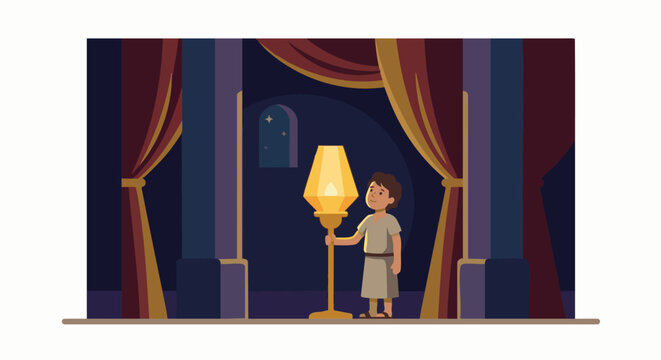 Samuel Hears God&rsquo;s Call
Flat vector illustration of young Samuel standing beside a lamp in the temple, nighttime interior background with simple columns and curtains, peaceful. Bible