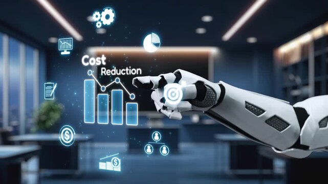 A robotic hand interacts with digital icons representing finance in a modern office space, illustrating themes of cost reduction, analytics, and technological advancement. Auvana