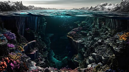Breathtaking underwater fantasy scene depicting a deep oceanic canyon illuminated by faint light filtering through the surface above jagged mountain peaks