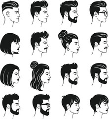 Profile portrait grid, hairstyle variety, facial feature, grooming style, stylized head, black white contrast, fashion icon, hair design, accessory detail, character expression © Mst