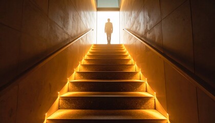 Silhouette of a person ascending illuminated stairs towards bright light