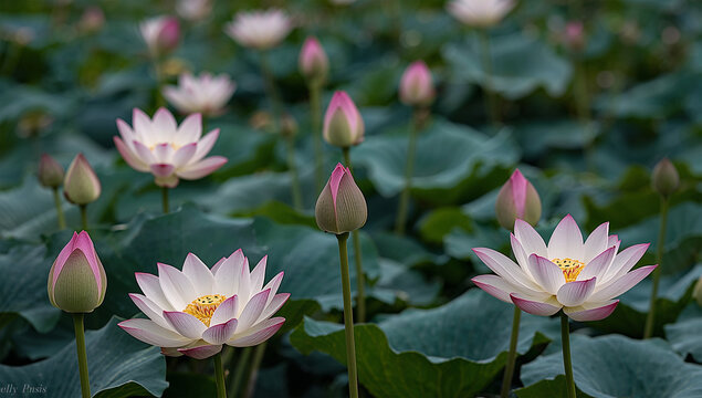 蓮の花と花托を面で重ねた静謐なボタニカルアレイ