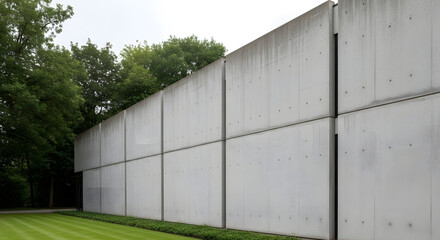 An imposing brutalist structure detail, a massive concrete building, dominates an urban plaza under an overcast sky, showcasing its distinctive architecture from a wide, ground-level perspective.