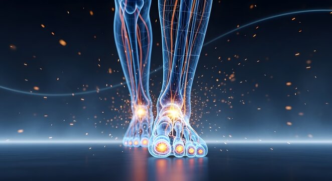 Diabetic neuropathy and nerve pain in feet. Chronic inflammation and peripheral vascular disease. 3D human legs walking with glowing nervous system and fiery pain signals