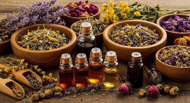 Herbal remedies and essential oils on wooden table with dried flowers and herbs wooden bowls