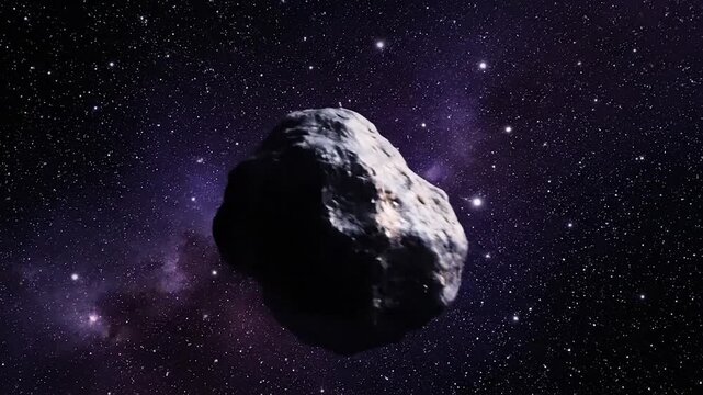 A rocky asteroid floats in the vast, star-filled purple expanse of deep space