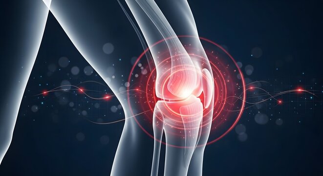 Knee joint pain and inflammation in human anatomy. Orthopedic healthcare and skeletal medicine. 3D illustration of a leg with red glowing pain circles around the patella