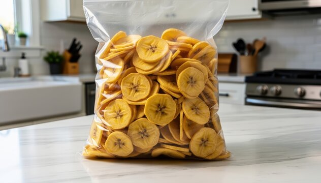 Crispy Plantain Chips: A close-up shot of a clear bag filled with golden-brown plantain chips. This image evokes feelings of indulgence and simple pleasure.