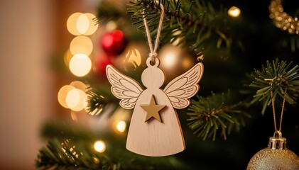 Fototapeta premium A Christmas Angel in Festive Decor: A handcrafted wooden angel ornament, its star aglow, hangs amidst the twinkling lights and baubles of a decorated Christmas tree, evoking the holiday spirit.