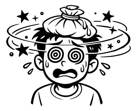 Hand drawn line art cartoon illustration of a boy depicting a headache and dizziness for health and medical concepts