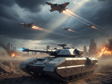 Futuristic Battle Scene with Modern Tank and Fighter Jets in War Zone