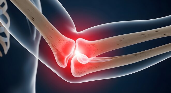 Elbow bone structure and joint inflammation. Orthopedic surgery and musculoskeletal health. Close up of human elbow bones showing a glowing red pain source