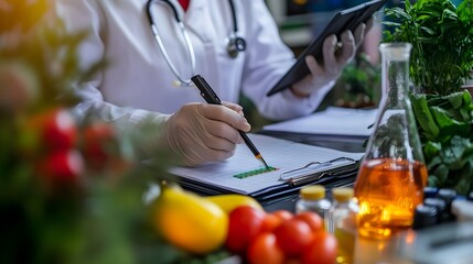 Scientist or nutritionist in a white lab coat documents important research findings related to food quality and natural ingredients using a clipboard and digital tablet