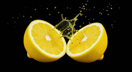 Two Halves of Lemons with Juice Splashing lemon halves citrus fruit