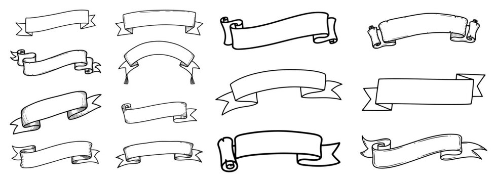 Collection of hand drawn vintage ribbon banners and blank scroll sketches for creative text design