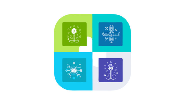 Modular square infographic with four independent sections and white line icons on colored backgrounds for business or educational use with resource