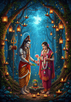 Lord Shiva and Goddess Parvati Exchanging a Garland in a Magical Forest Hindu deities